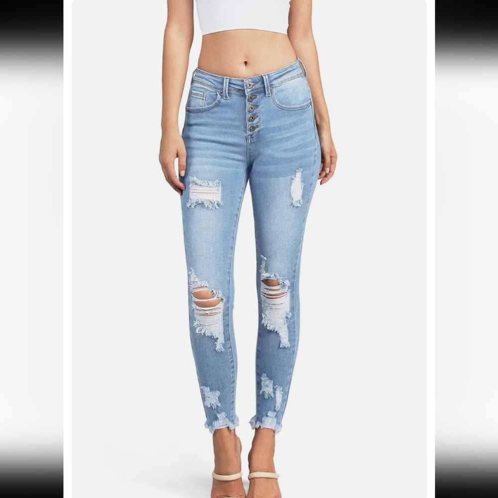 Wax Jean Juniors Light Wash High-Rise Distressed Raw Hem Ankle Jeans Size 11/30